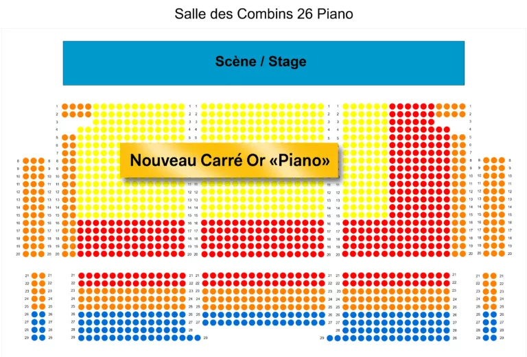Salle des Combins seating chart, with special "Carré Or" category for piano recitals and concertos